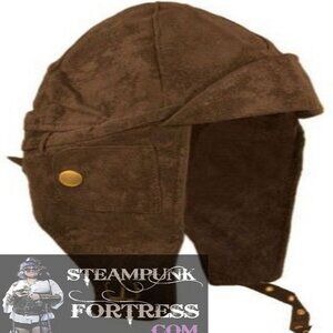 BROWN FAUX SUEDE BRASS STUDS AVIATOR CAP HAT HELMET ADJUSTABLE STRAP COSPLAY COS
